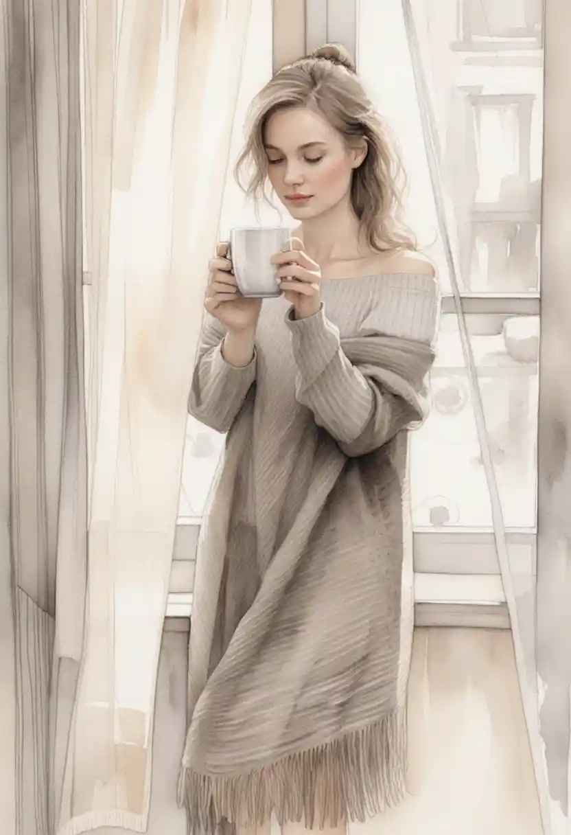 Woman in taupe knitwear by a sunlit window
