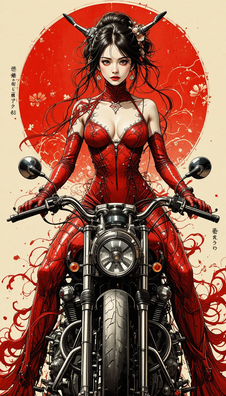 Ilustración en tinta japonesa de una mujer en una motocicleta