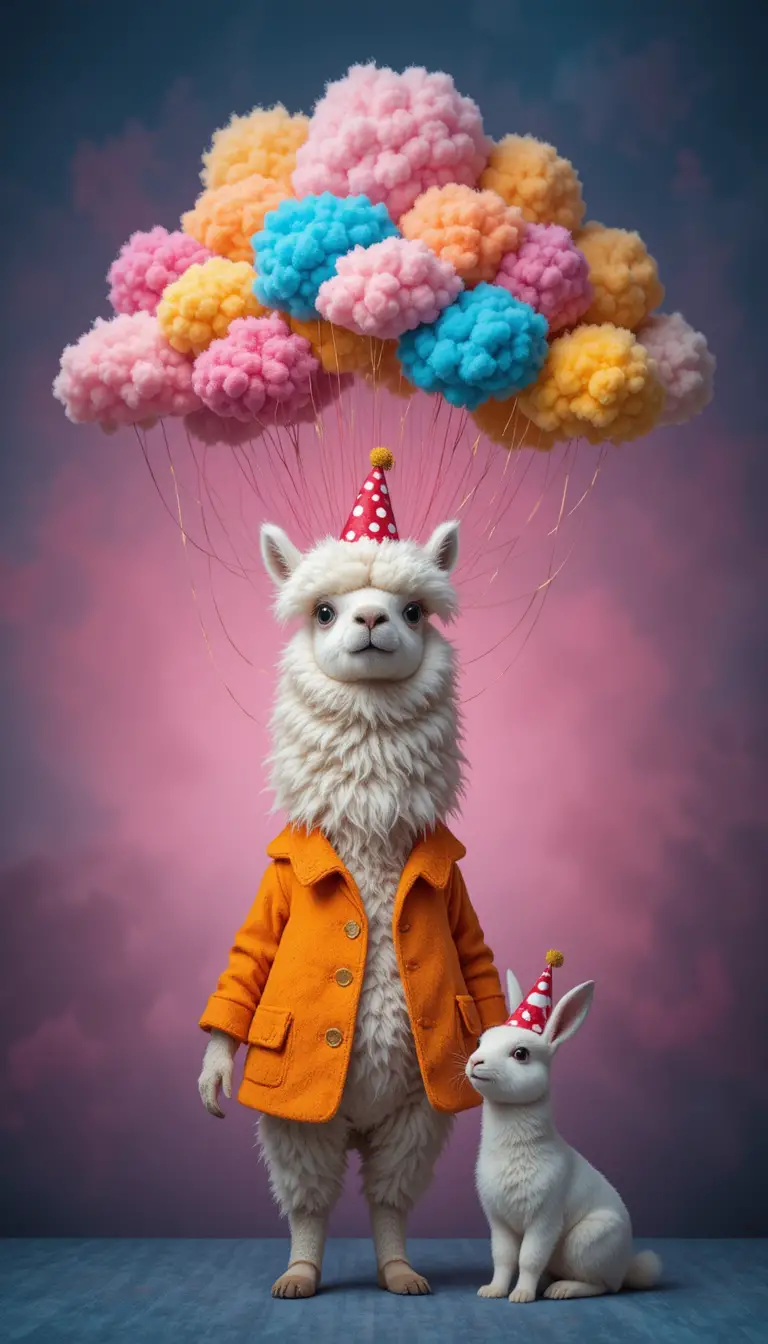 White llama in party outfit under colorful hanging clouds