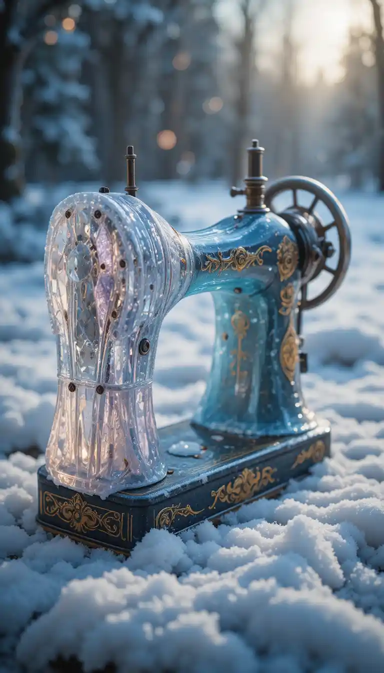 Crystal like antique sewing machine in snowy winter landscape