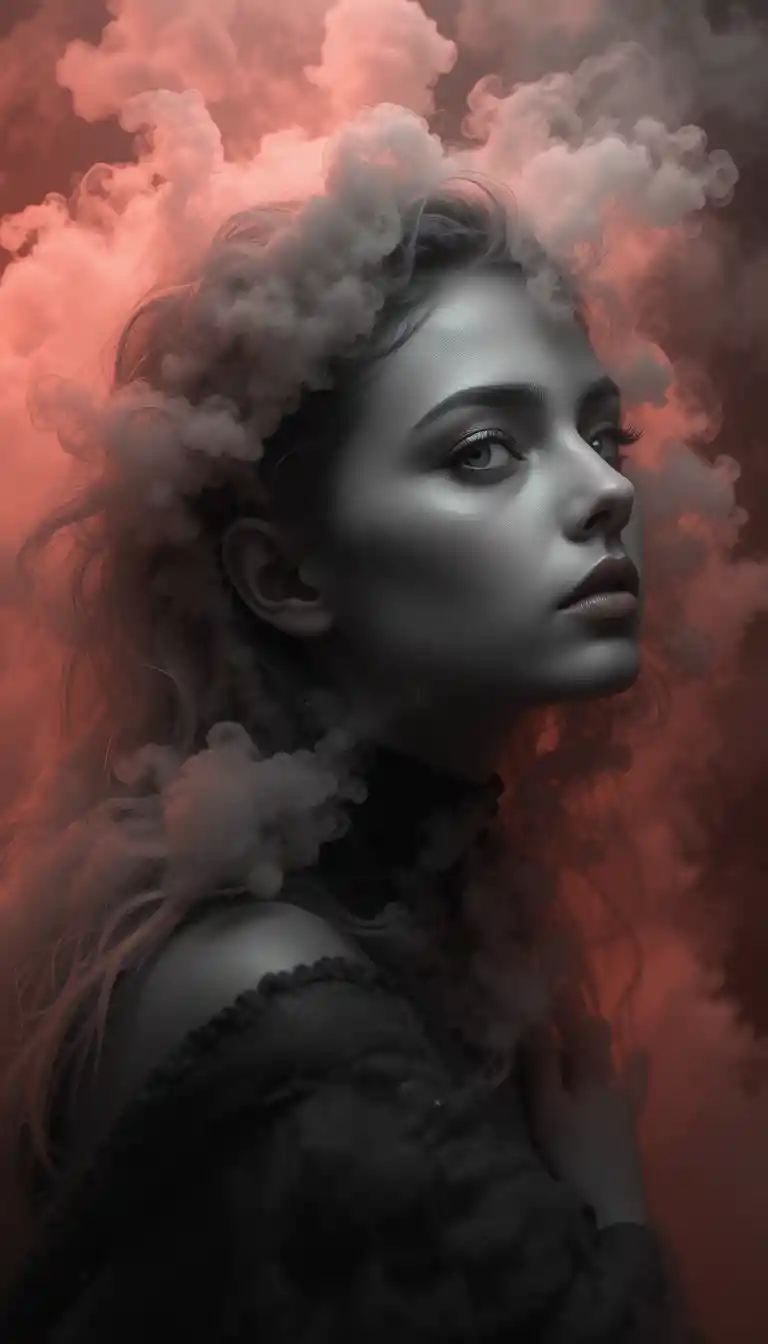 Realistisches Nahportrait eines Gesichts, das aus dichtem Studio-Nebel auftaucht