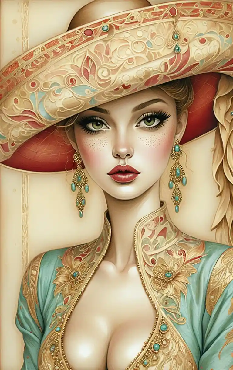 Elegant woman in charro hat fashion illustration portrait