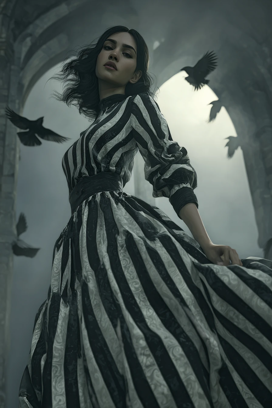 Young woman in striped dress under gothic moonlit arches