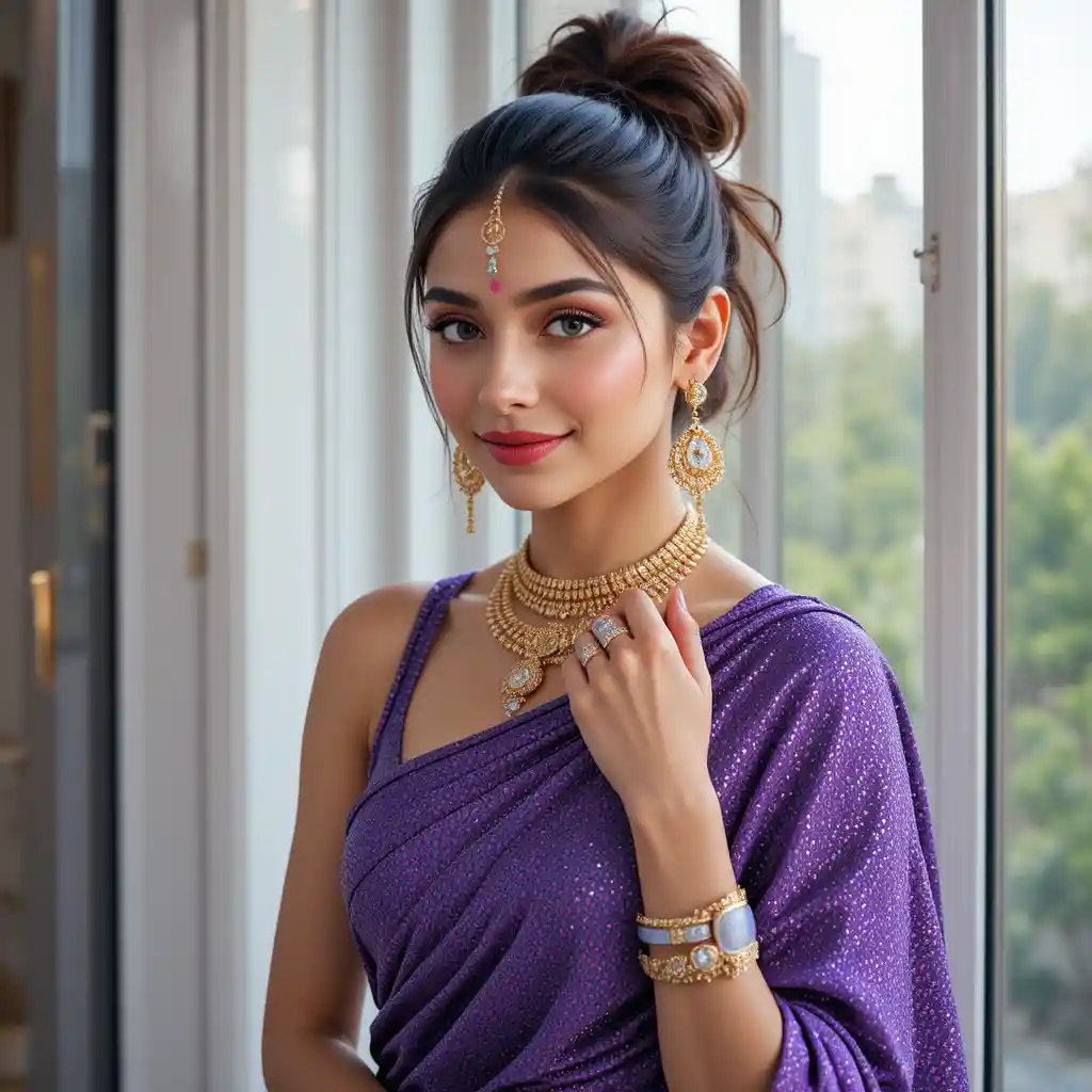 Elegant woman in purple saree by penthouse window