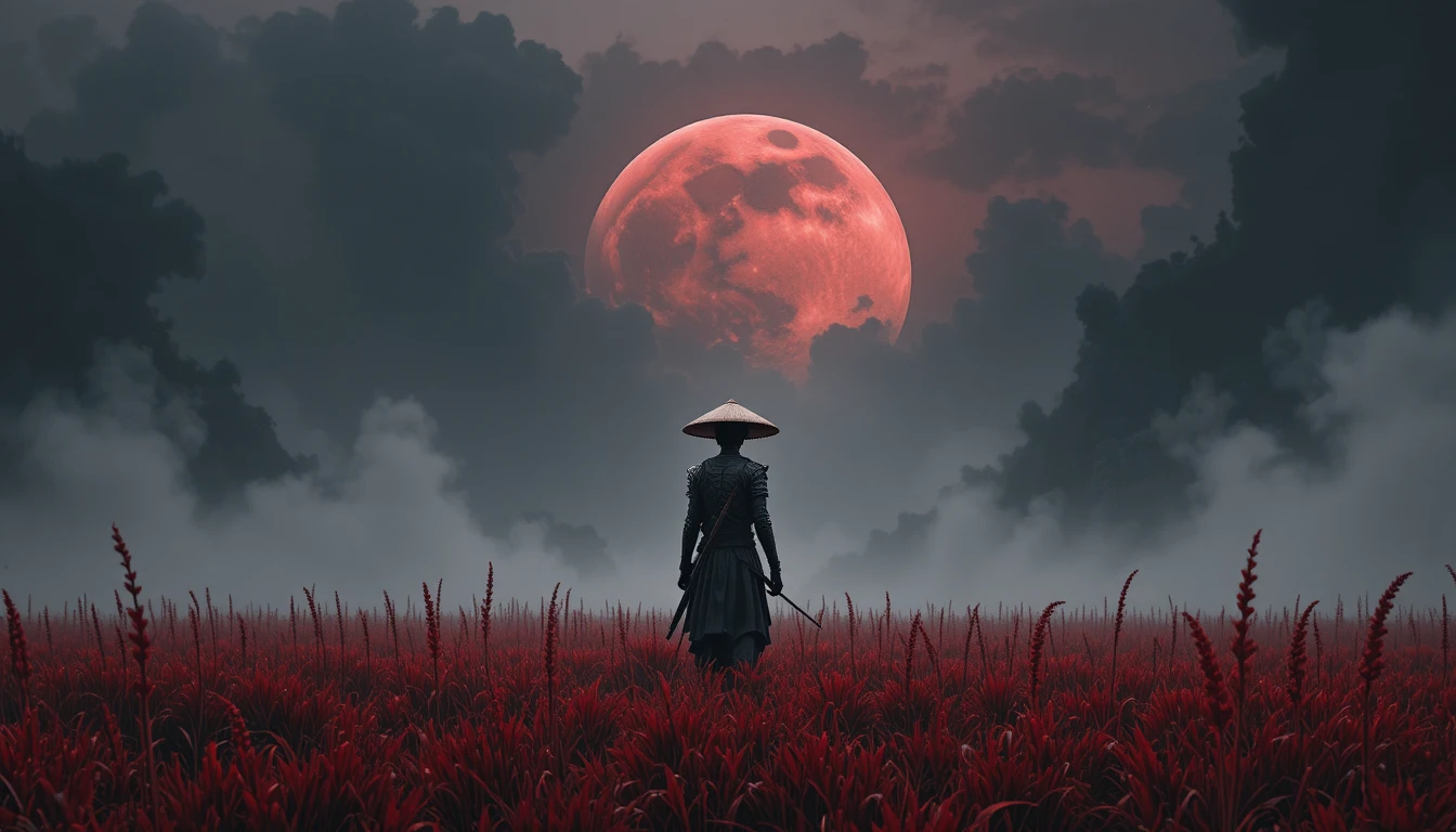 Lone skeletal samurai in red grass under a blood moon