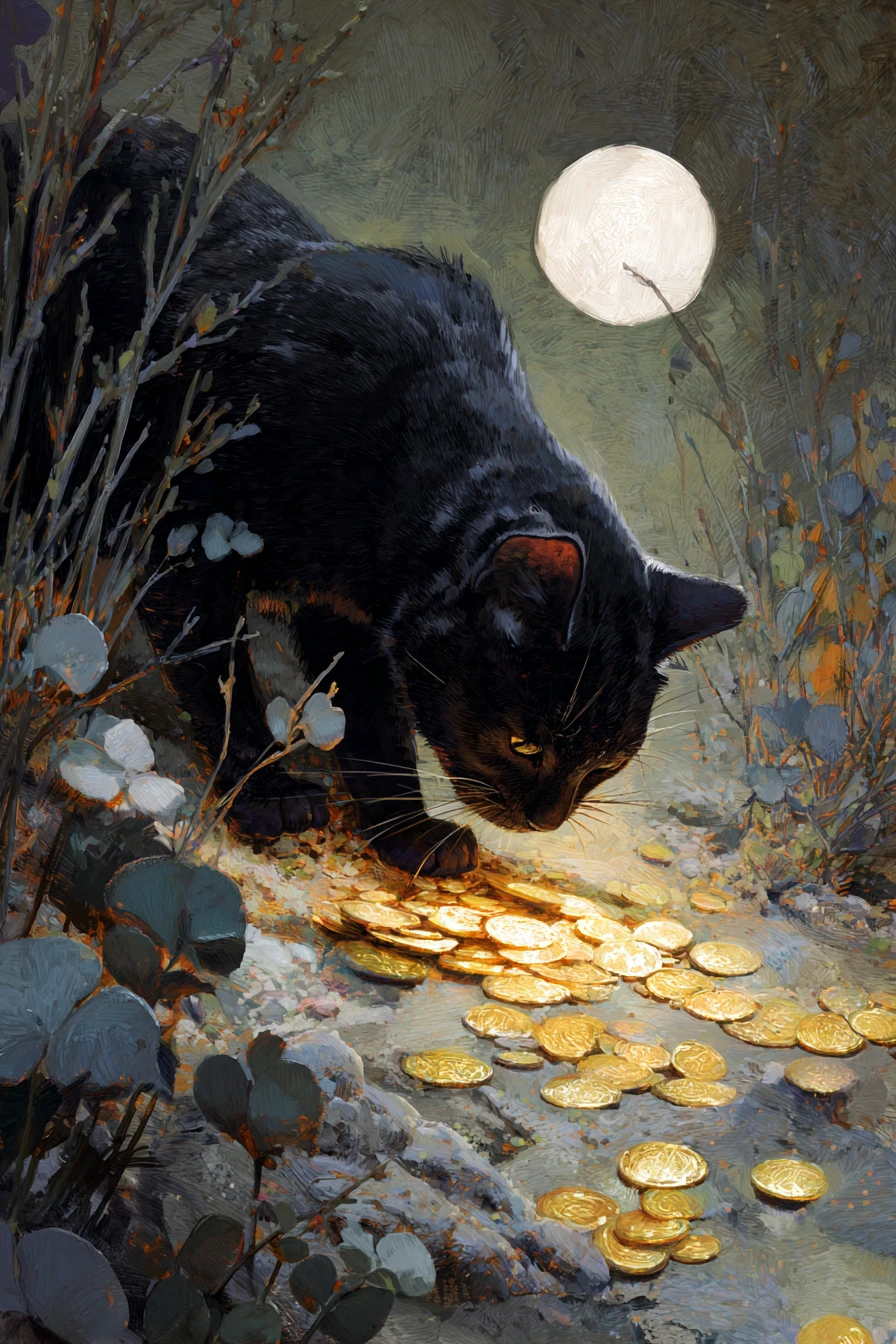 Larme dorée tombant de la lune dans une patte de chat en attente