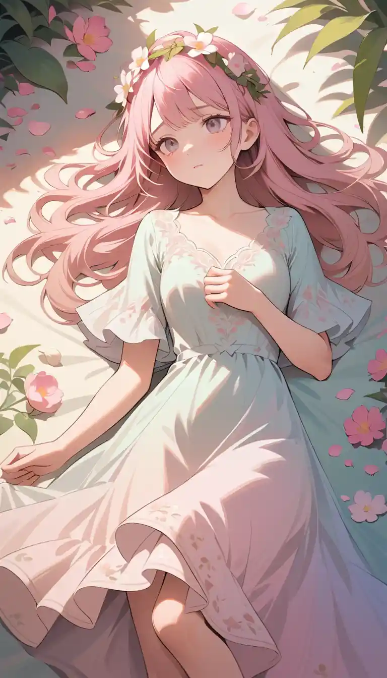 Young woman in white dress lying among soft pink flowers