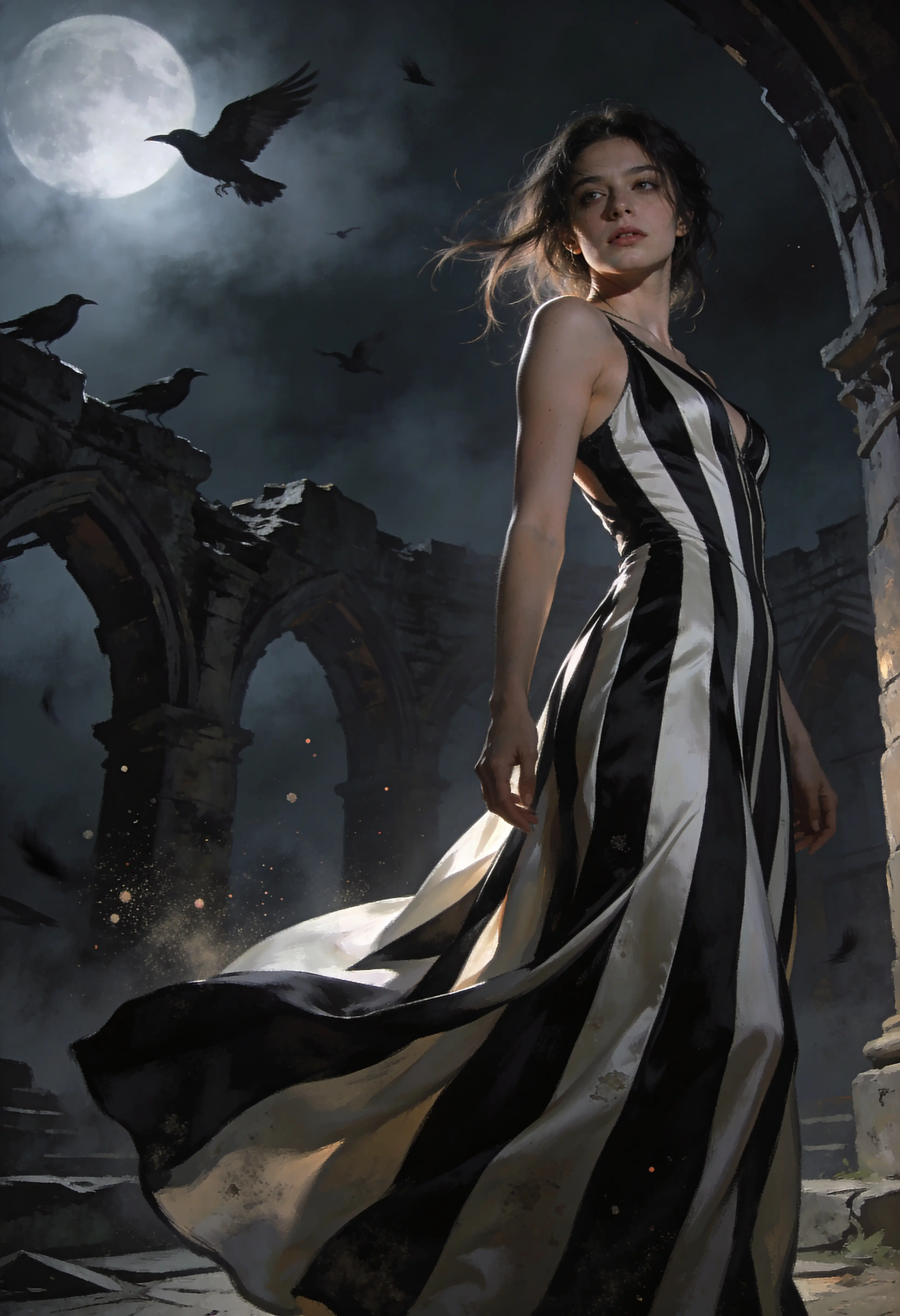 Young woman in striped dress beneath gothic moonlit arches