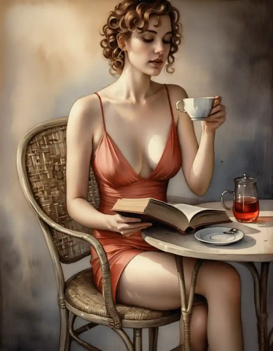 Donna ad acquerello che legge a un tranquillo tavolino di caffè vintage