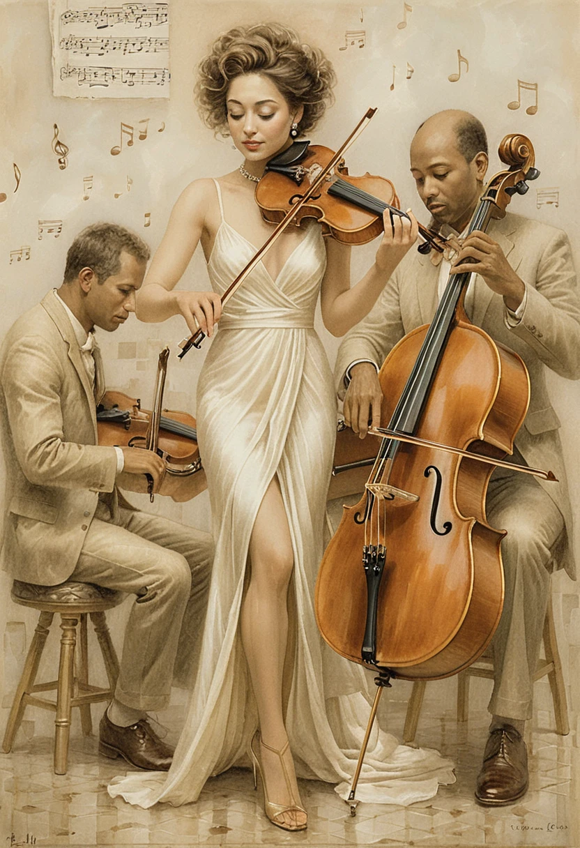 Dipinto romantico di un trio d’archi con musicisti aggraziati