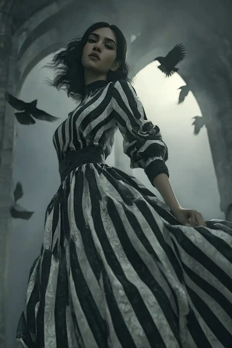 Young woman in striped dress under gothic moonlit arches