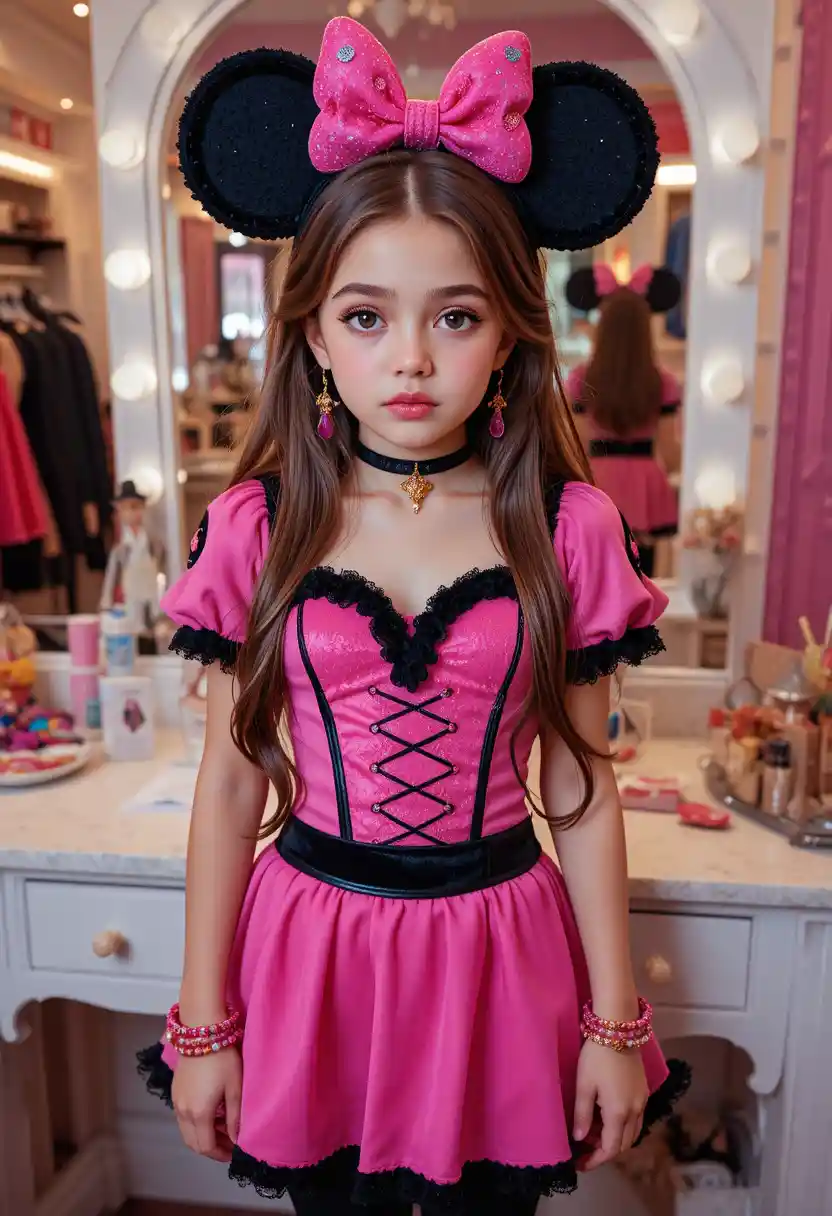 Nervous tween boy in Minnie Mouse outfit at boutique vanity