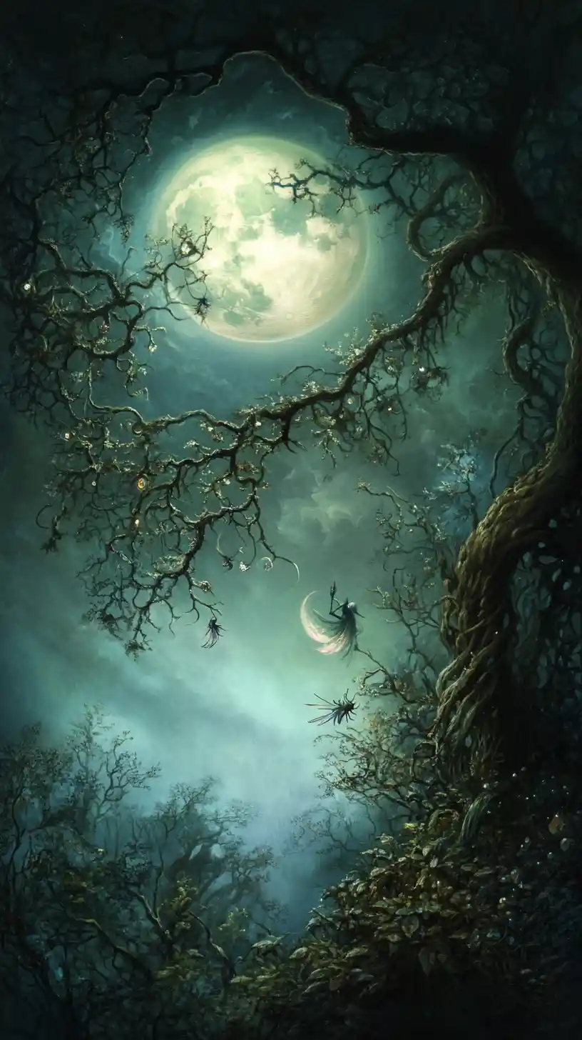 Ethereal elf drifting through a mystical moonlit landscape