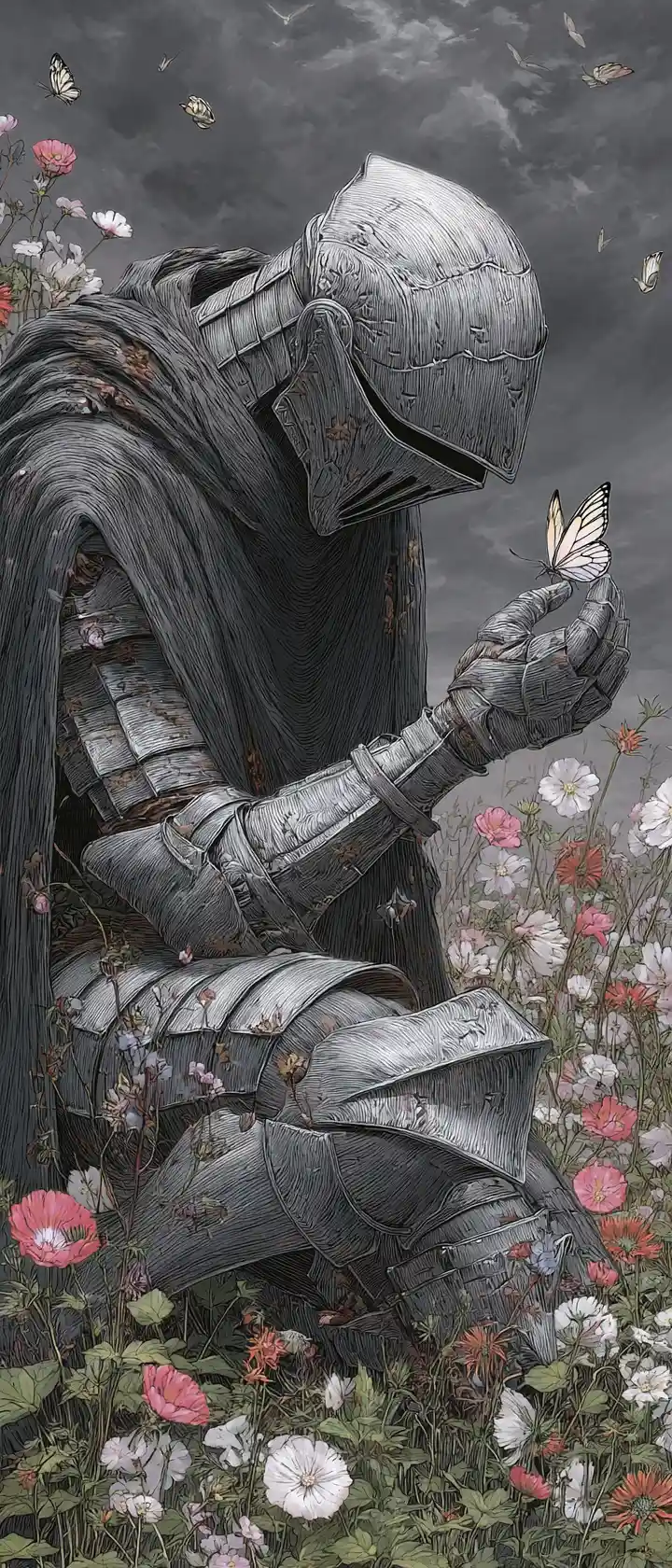 Cloaked figure kneeling in wildflowers under stormy sky