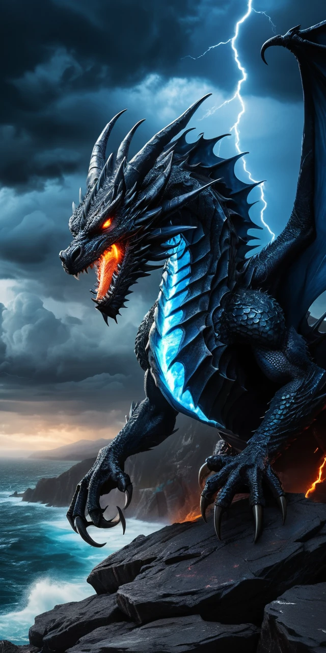 Black dragon with blue fire eyes over stormy ocean cliffs