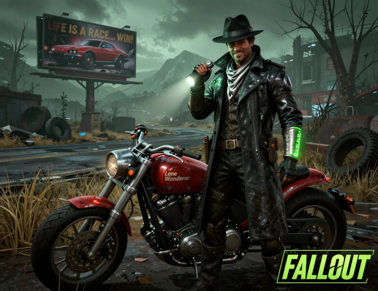 Sci fi detective with motorcycle in post apocalyptic wasteland