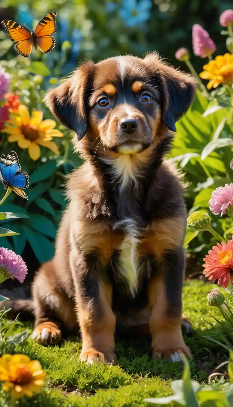 Playful brown puppy in a sunny garden with butterflies