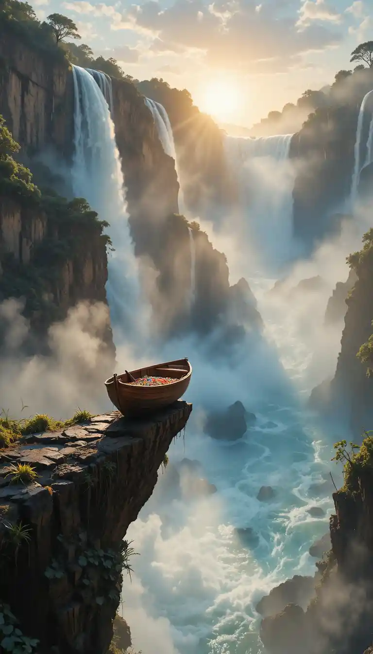 Barca a remi sul bordo di una maestosa cascata all’alba