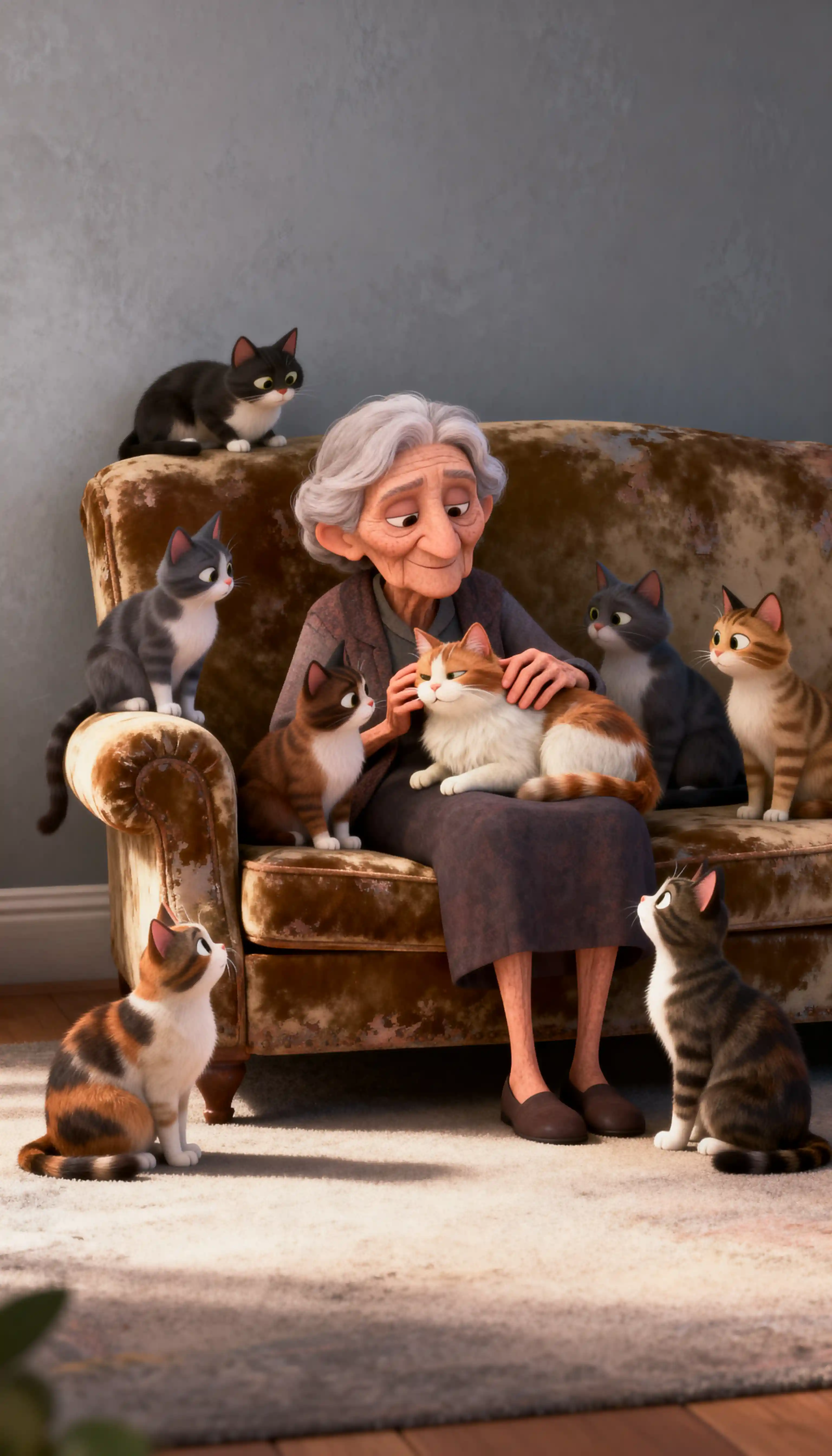 Mujer mayor en el sofá rodeada de gatos cariñosos al estilo Pixar