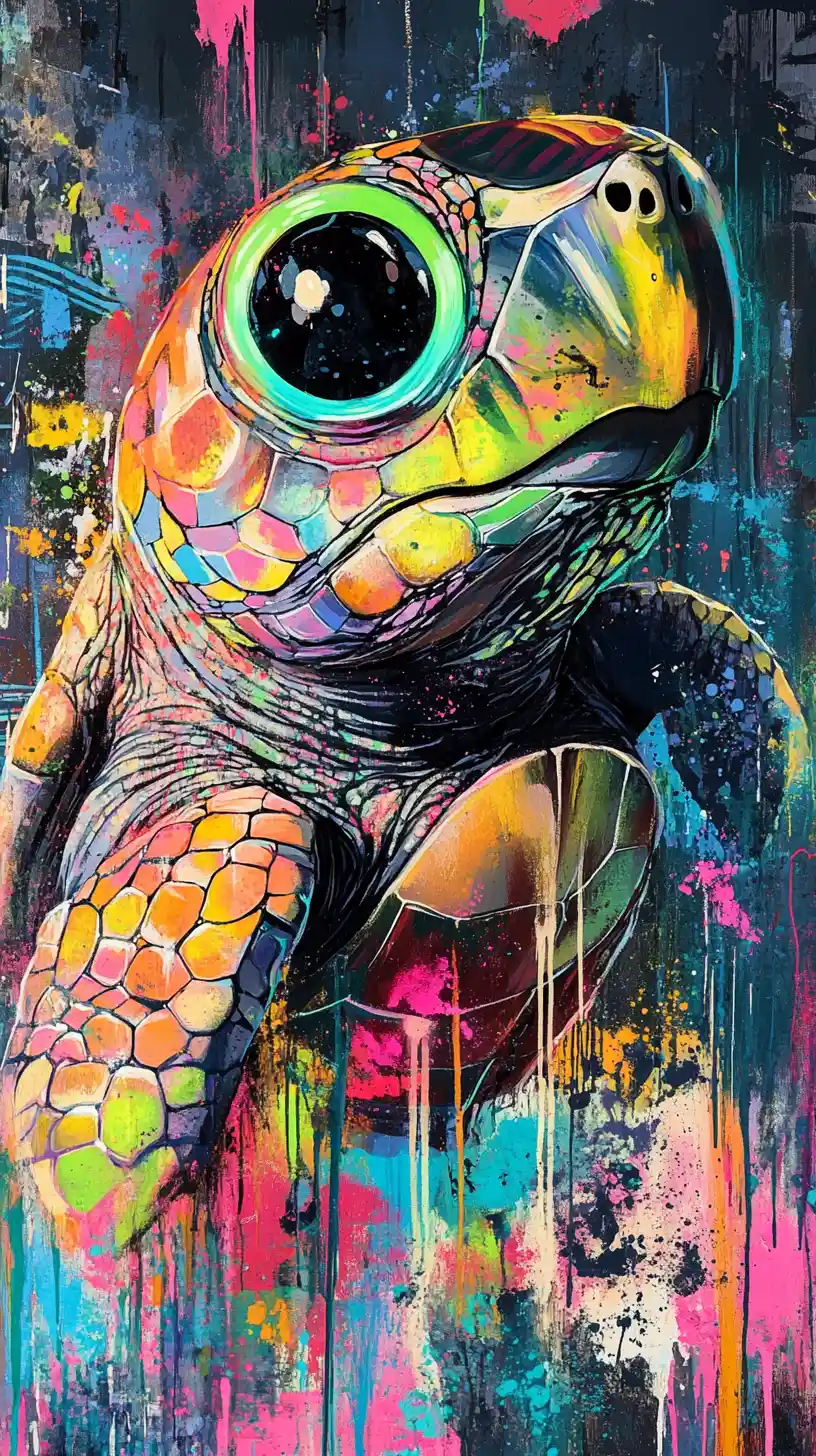 Surreales Neon-Schildkröten-Graffiti-Porträt mit leuchtendem Auge