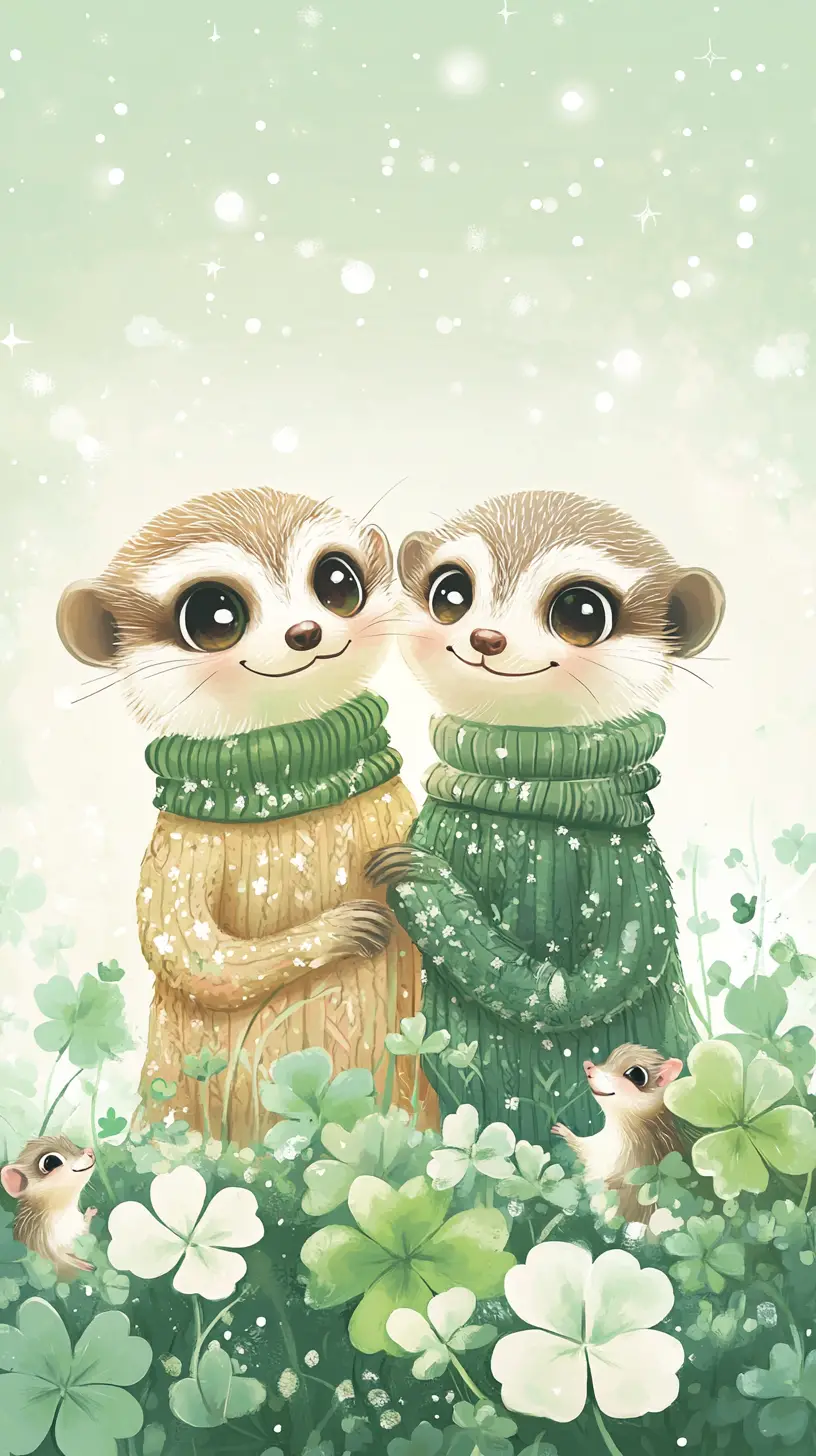 Cute cartoon meerkats in sweaters in a clover meadow