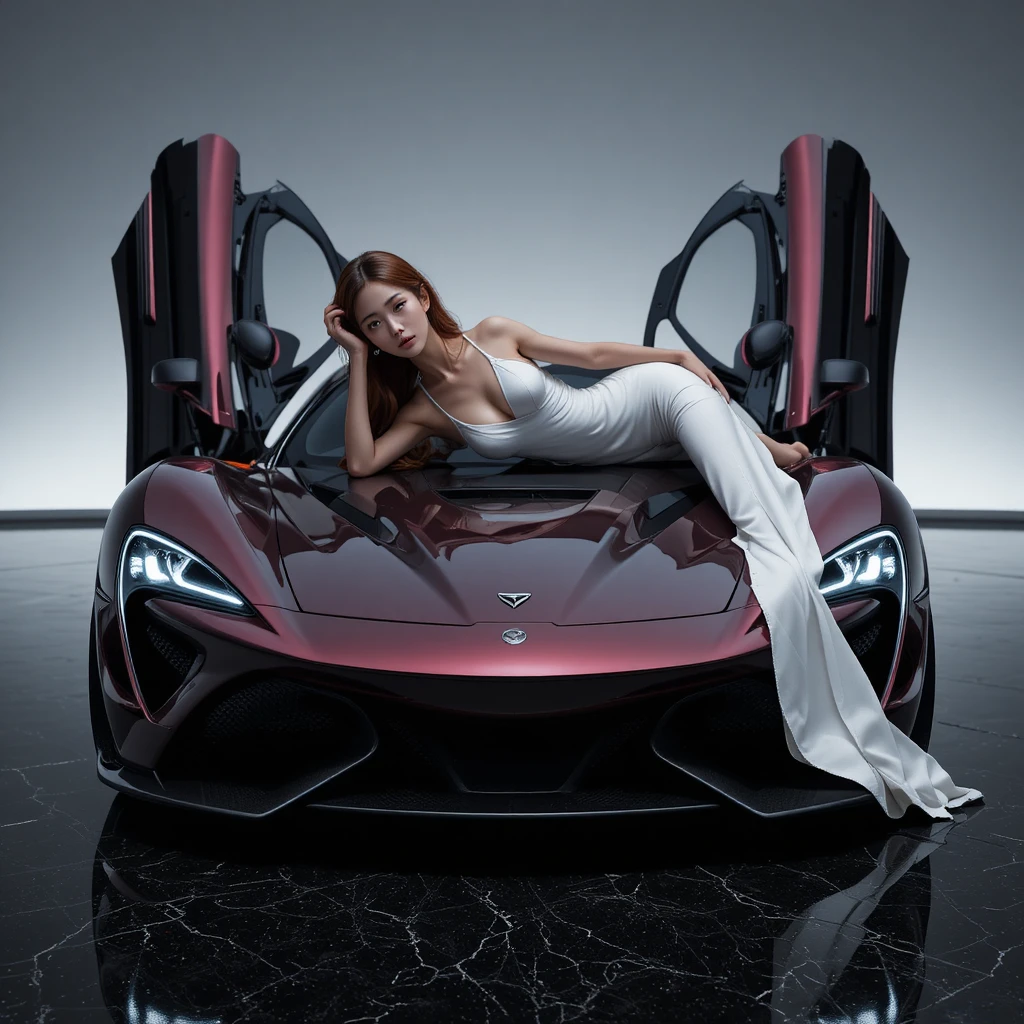 Korean woman in white silk gown posing on black cherry hypercar