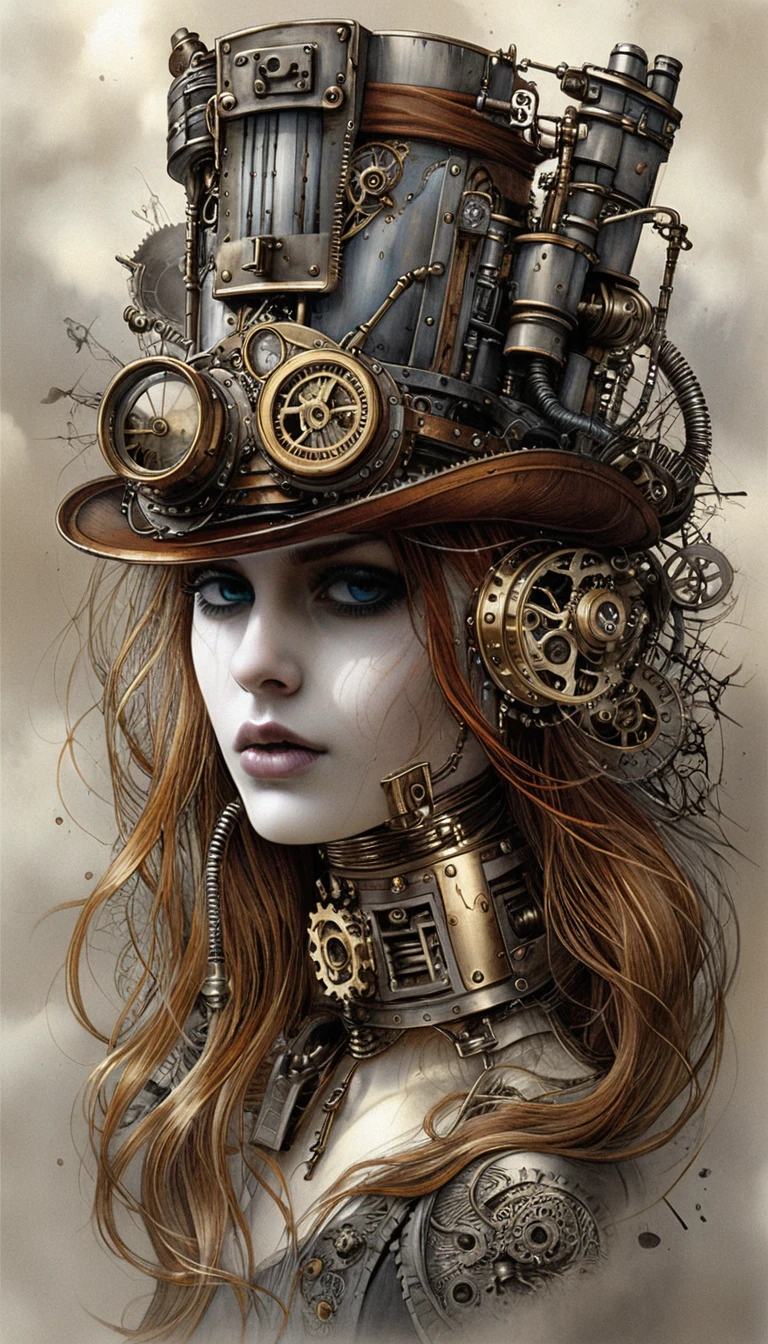 Mujer steampunk con cuerpo mecánico y sombrero de copa ornamentado