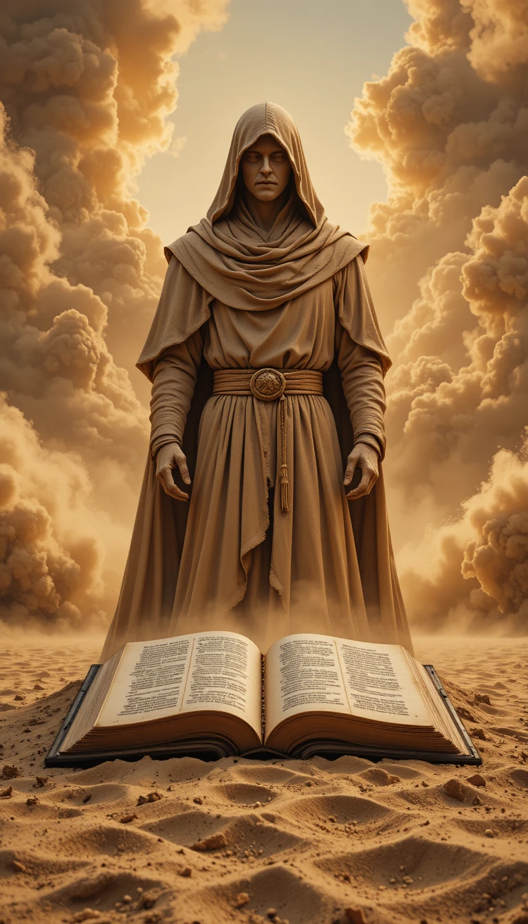 Hooded sand statue before an ancient bible in a storm