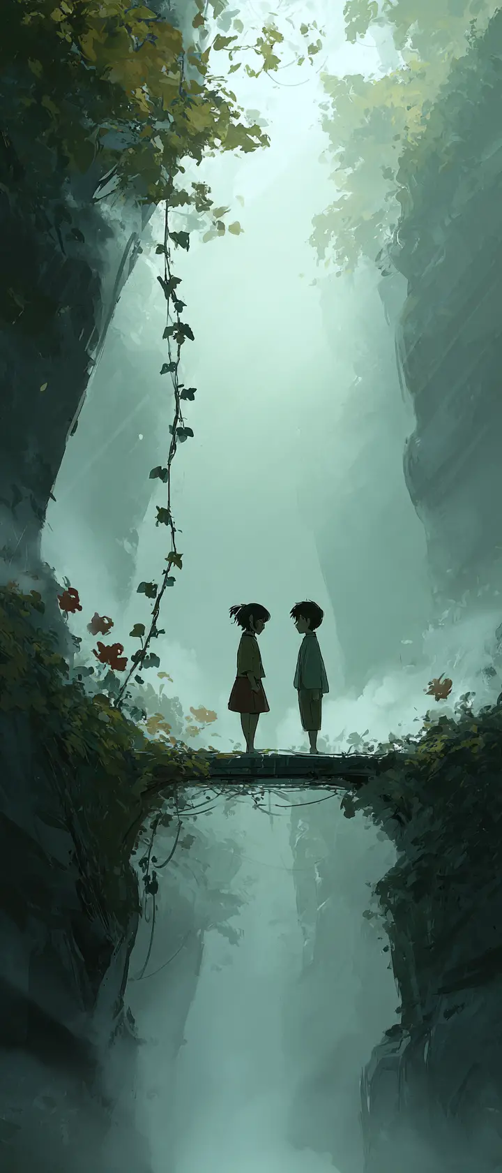 Estranged siblings reaching across a misty bridge at dawn