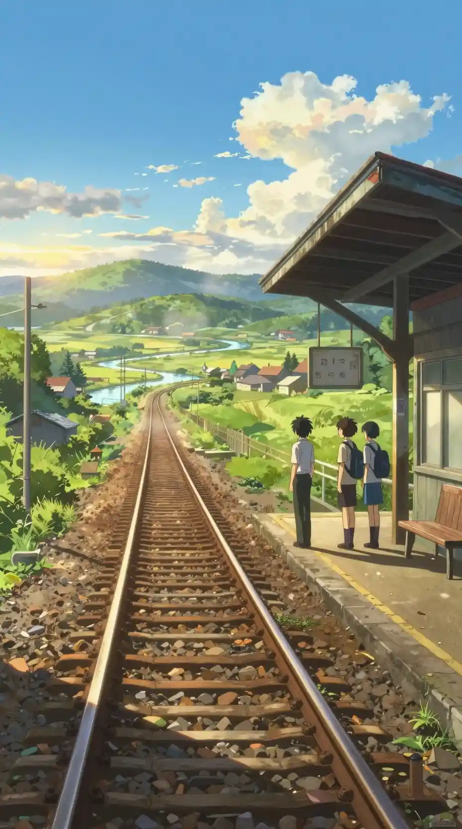 Student waiting on rural train platform at golden hour