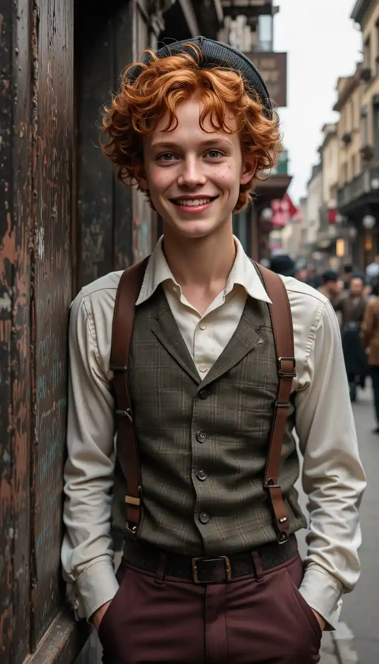 Smiling redheaded teen leaning on a vintage city wall
