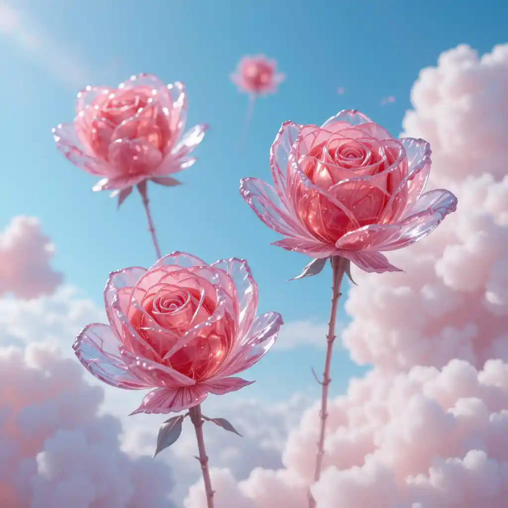 Flores de cristal de vidrio flotando entre suaves nubes en tonos pastel