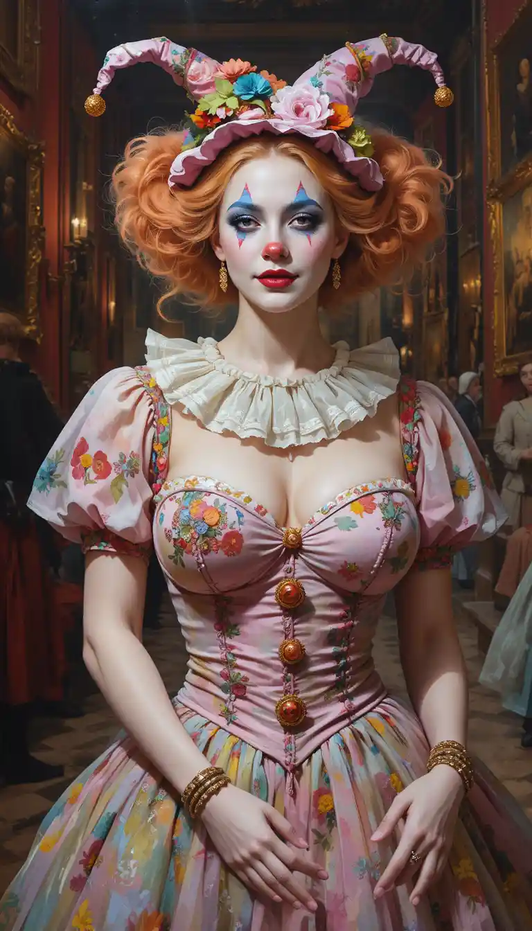 Clown donna giocosa in un colorato dipinto a olio da museo