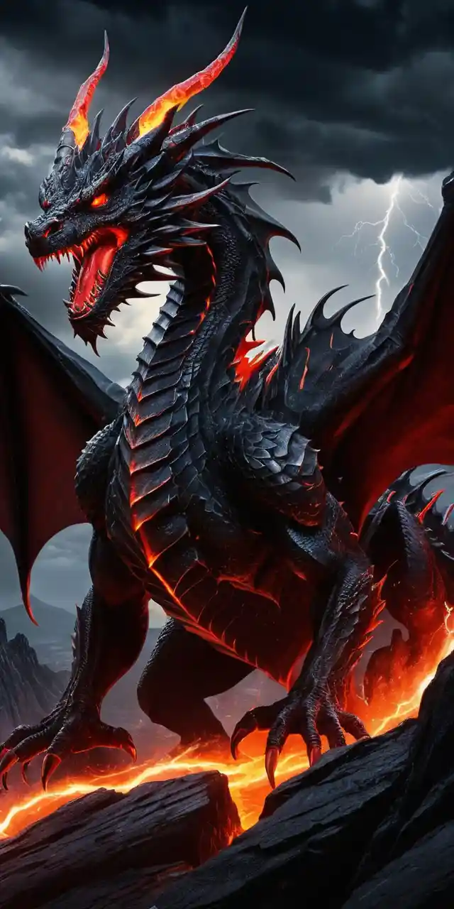 Dragon noir démoniaque sur une falaise déchiquetée au-dessus de la lave en fusion