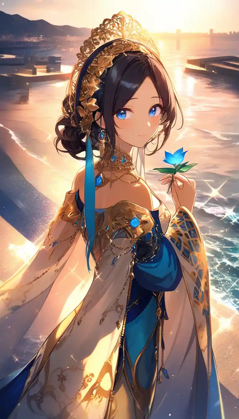 Young woman in traditional headdress by the Mediterranean sea