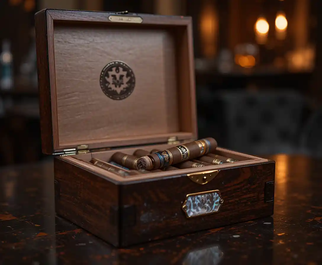 Mahogany cigar humidor in warm still life lounge scene