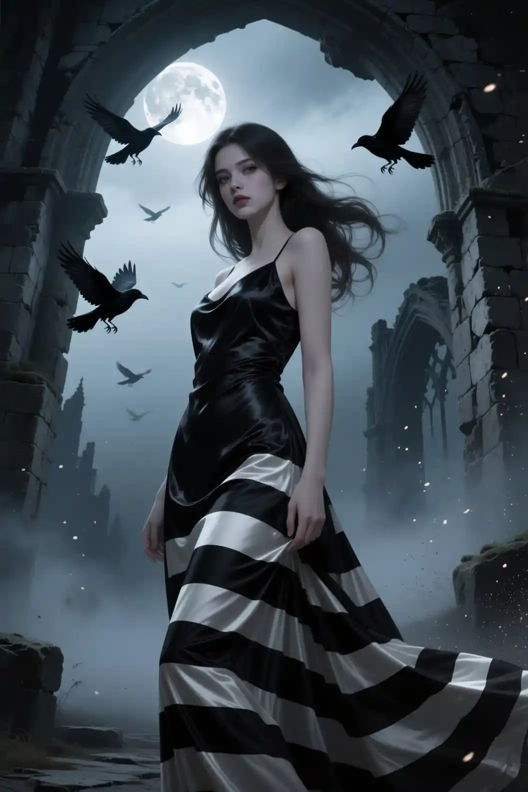 Young woman in striped dress under moonlit gothic arches