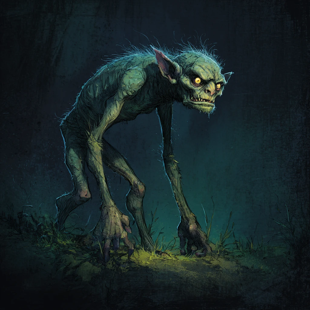 Duende del bosque deformado con extremidades retorcidas y mirada cruel