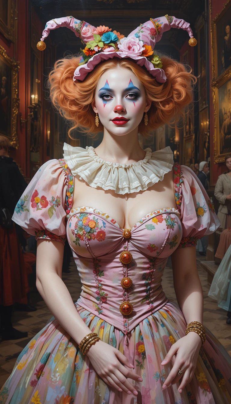 Clown donna giocosa in un colorato dipinto a olio da museo