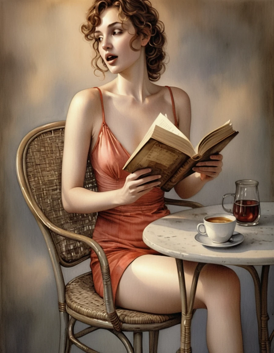 Woman Reading At A Vintage Style Watercolor Cafe Table