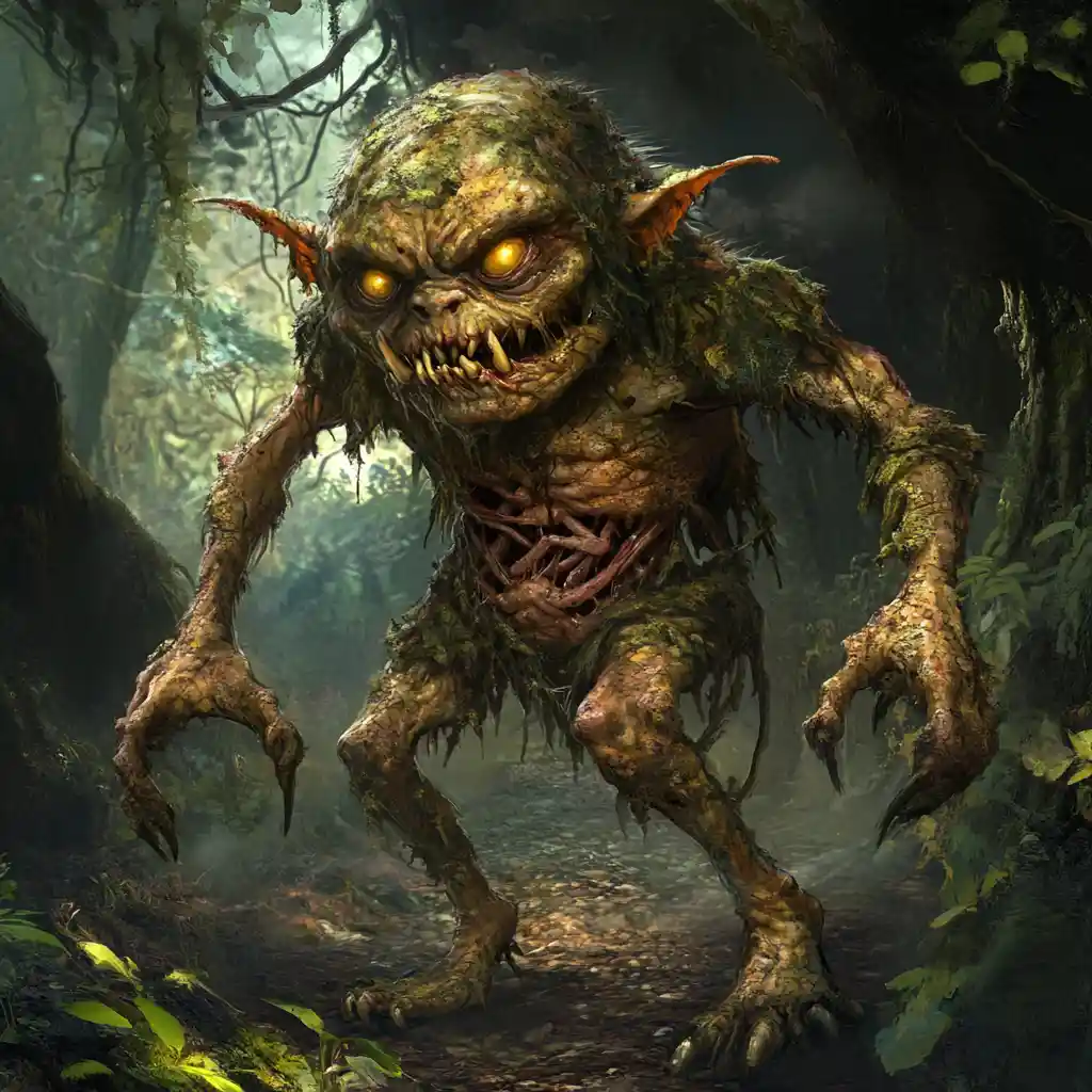 Sinister Forest Goblin With Twisted Body And Yellow Eyes