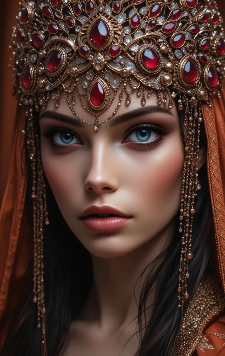 Regal close up of a byzantine inspired crowned woman