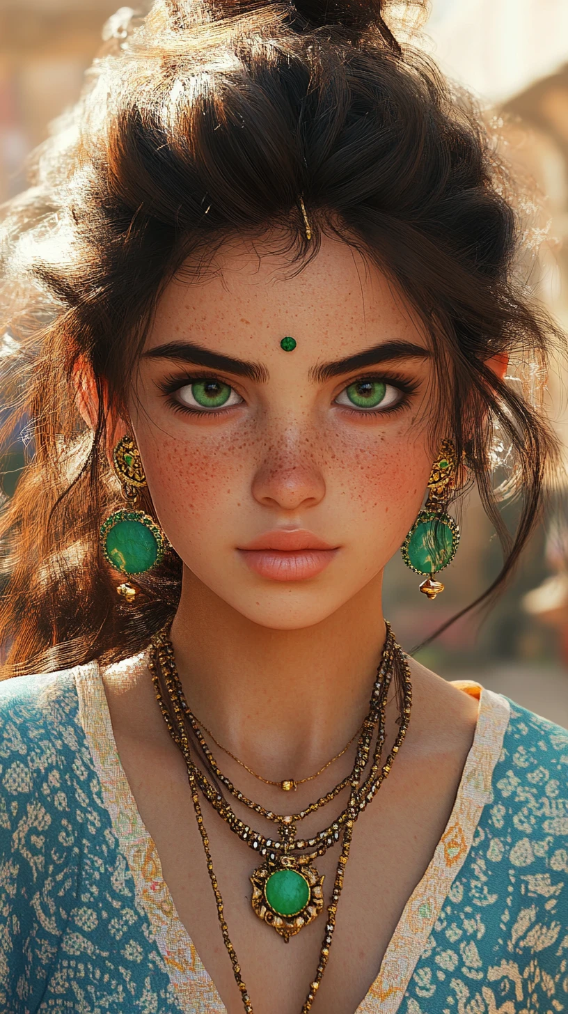 Fantasy girl with green eyes in warm golden sunlight