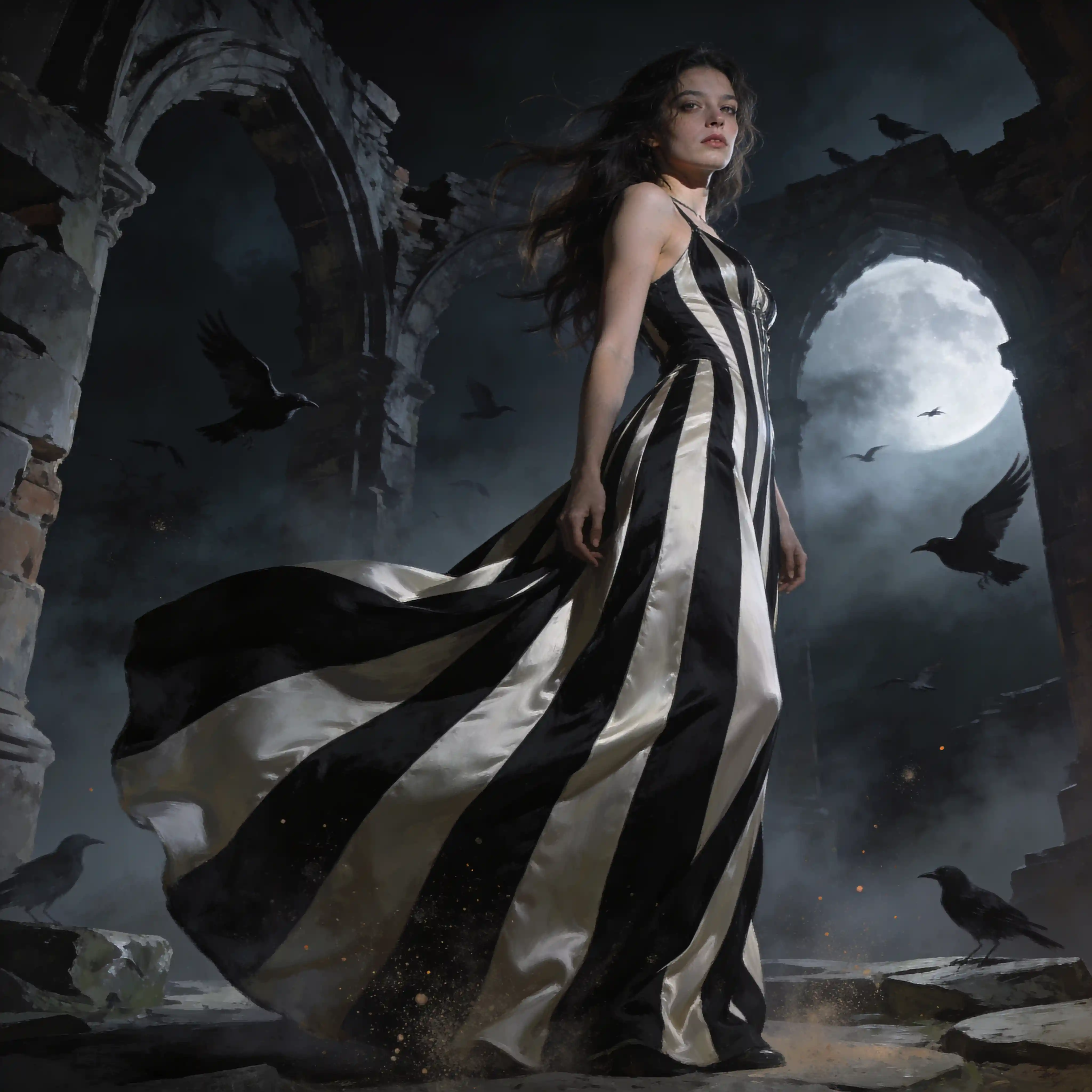 Young woman in striped dress under moonlit gothic arches