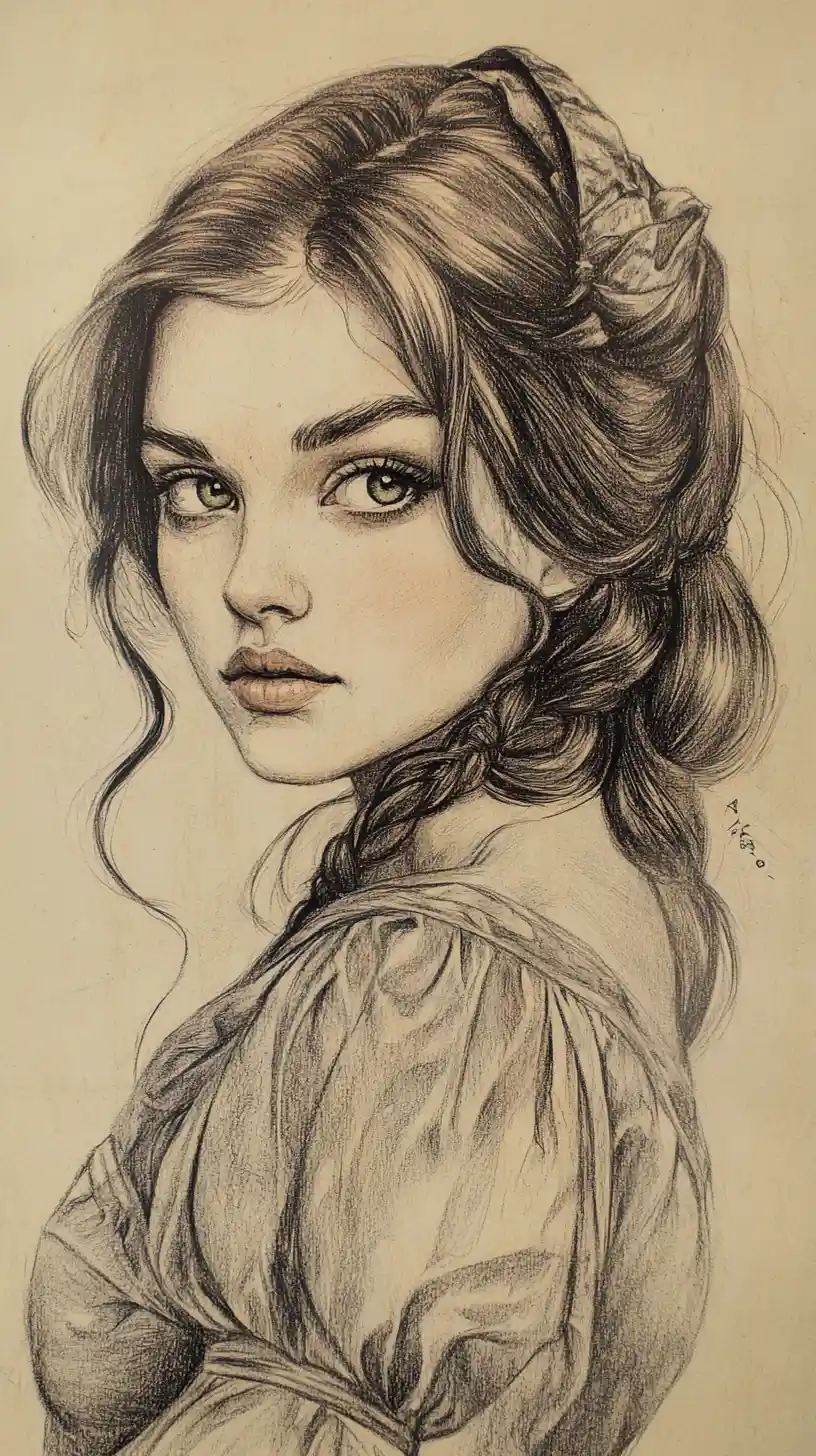 Retrato em estilo renascentista de uma ruiva com blusa listrada