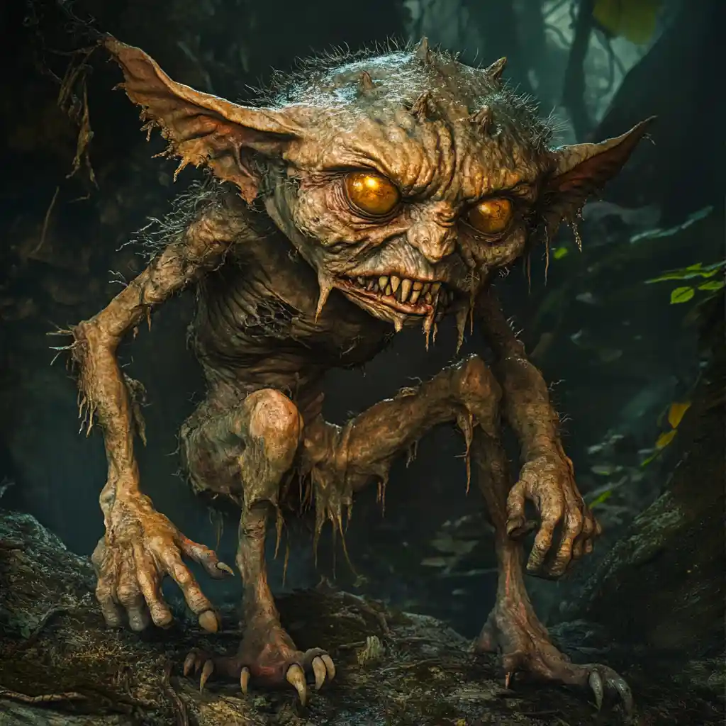 Deformed forest goblin with twisted limbs in darkness