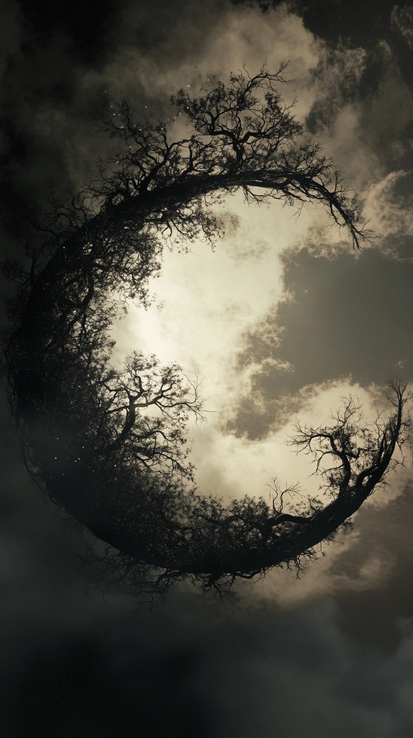 Mundo en media luna de ramas oscuras entre suave niebla a la luz de la luna