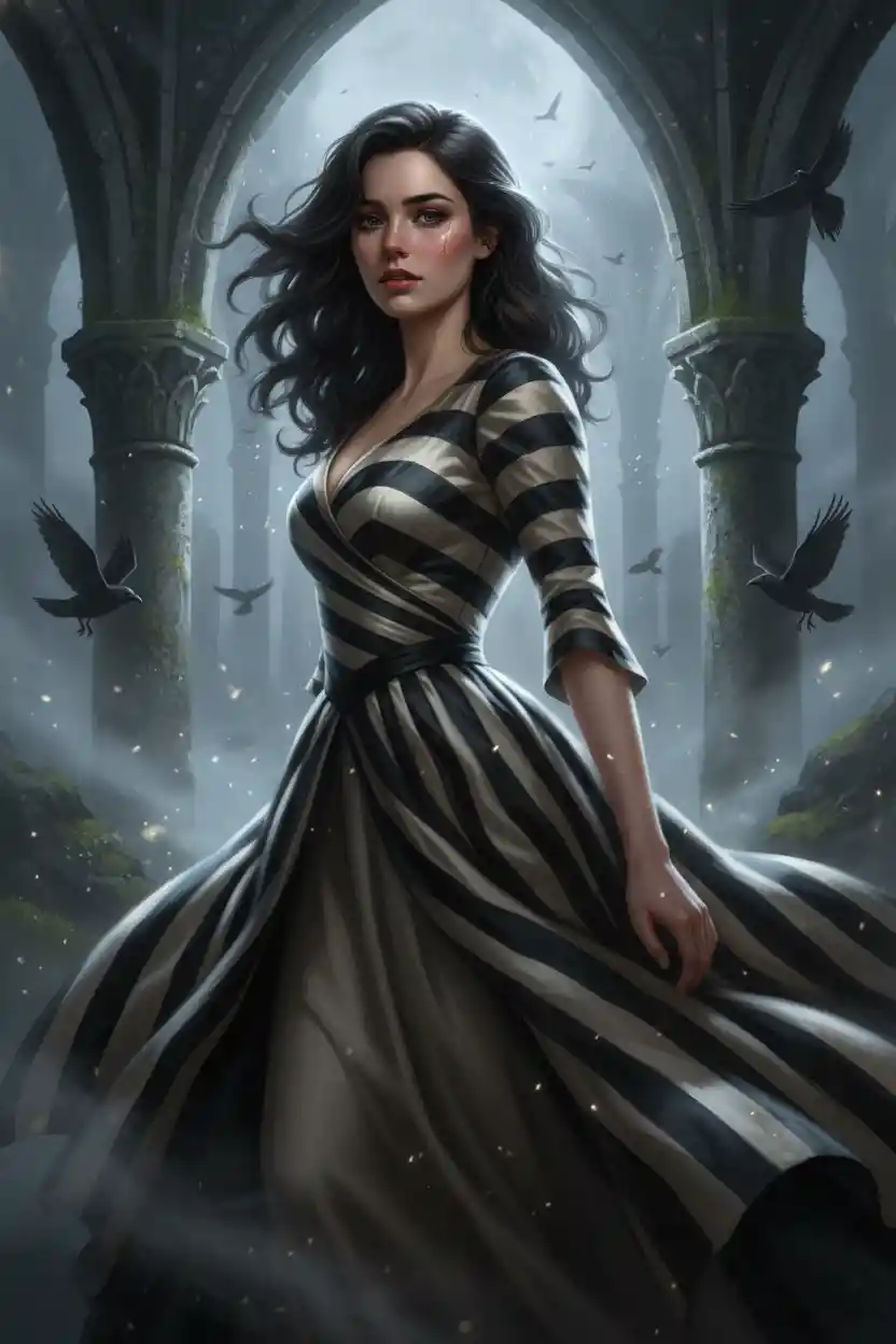 Young woman in striped dress under gothic moonlit arches
