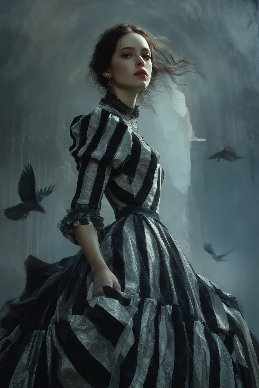 Woman in striped dress beneath gothic arches at moonlit night