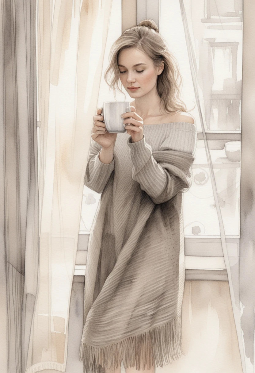 Woman in taupe knitwear by a sunlit window